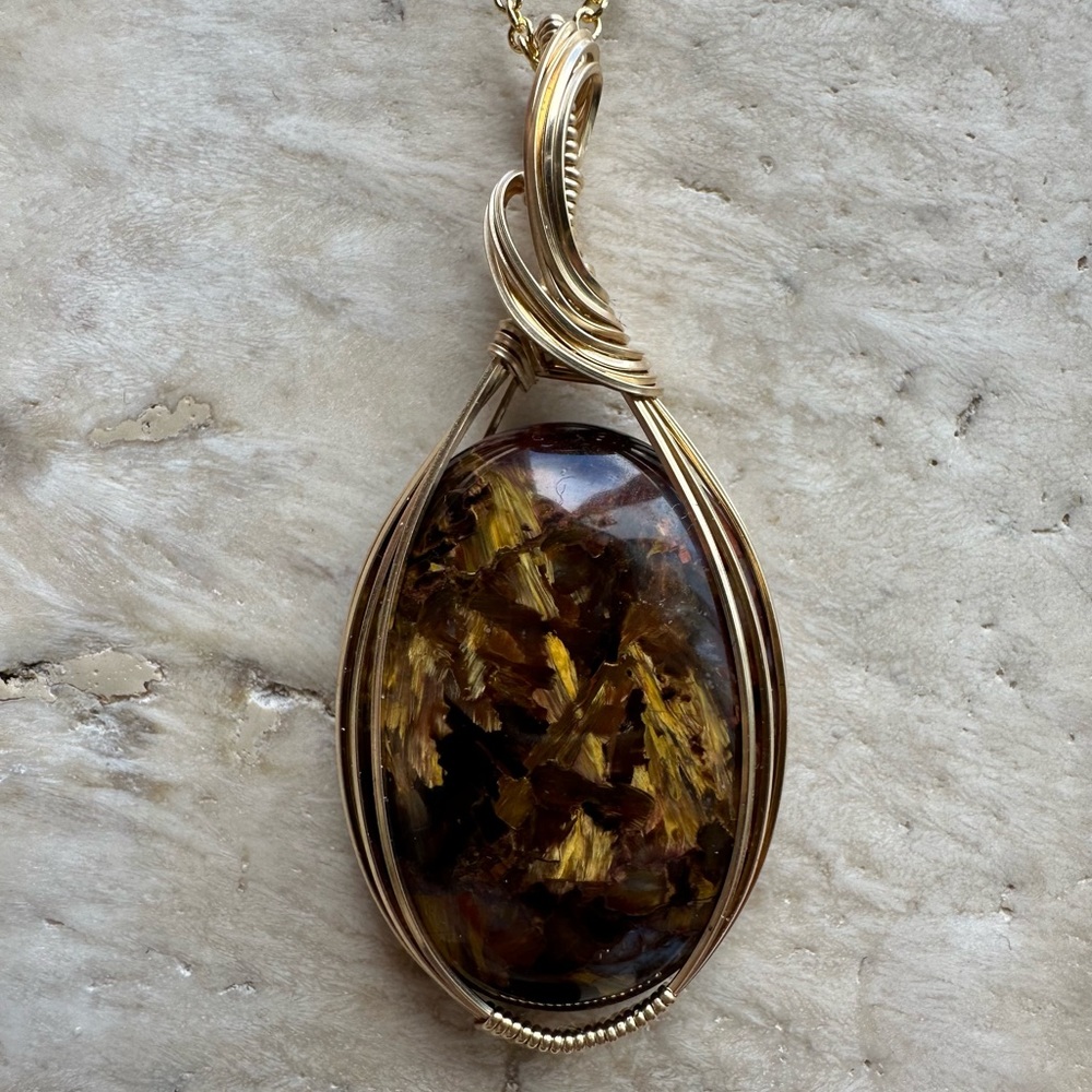 14k Gold Fill Stone Pietersite Necklace Pendant - Picture 6 of 8